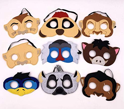 Lion King inspired masks set of 9 for Birthdays, Halloween Costumes, Party Supplies, Games and More - Comfortable, One-Size-Fits-Most Design - Premium Quality Eco-Felt and Fleece