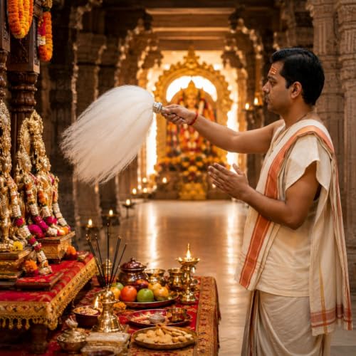 Image of Chawar Sahib for Home Puja | White Chaur /Chavar Sacred Fly Whisk with Metal Body | Traditional Chauri Fan for Deity Worship, Temple, Mandir & Aarti Rituals | 20 Inch Length | Pack of 1
