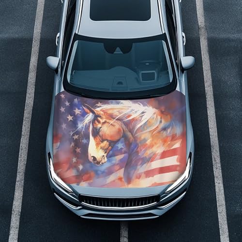 Image of US Flag Horse Car Hood Cover Stretch Polyester Car Hood Cover Removable Automotive Accessories Suitable Most Automotive Sedans Trucks Pickup Sports Cars