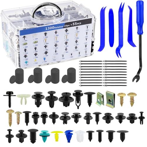 Image of 1355Pcs Car Retainer Clips & Metal Fasteners Kit - 36 Sizes Auto Push Rivets, Bumper U-Nuts & Screws with 5 Blue Trim Tools, Cable Ties. 3-Layer Storage Box for GM Ford (1355Pcs)