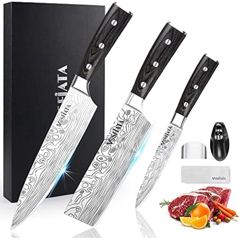 MOSFiATA Professional Chef Knife Set with German High Carbon Stainless Steel Kitchen Knife Set 3 PCSwith Finger Guard,Knife Sharpener,Knives Set for Kitchen with Gift Box Cover