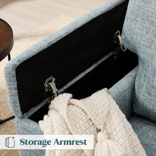 Image of Accent Chair with Armrest Storage, Modern Upholstered Reading Living Room Chairs, Comfy Large Armchair, Fabric Single Sofa Chair for Bedroom (Bluish Grey)