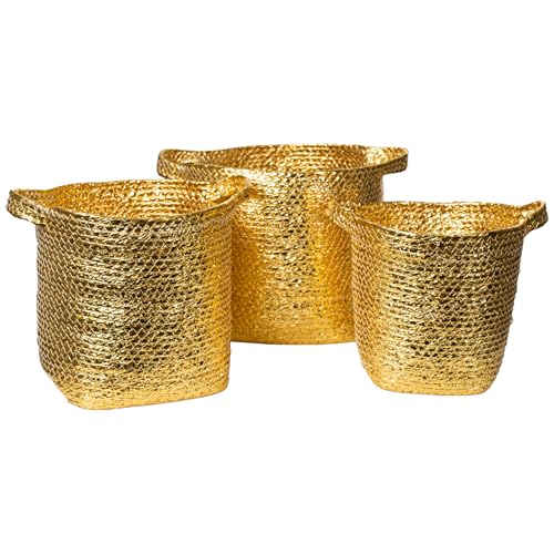 Paniers dorés fibres naturelles paniers de rangement salon lot de 3