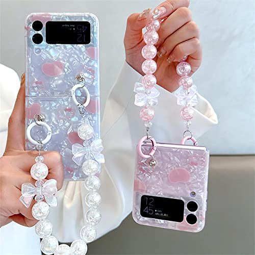 Go-Volmon For Galaxy Z Flip 4 Cute Women Case White Shell Love Heart Print, Girly Strap Case For Galaxy Z Flip 4, Kawaii Case For Z Flip 4 Shiny Beads Bow Wristband, Fashion Lovely Case For Z Flip 4 #TOP6