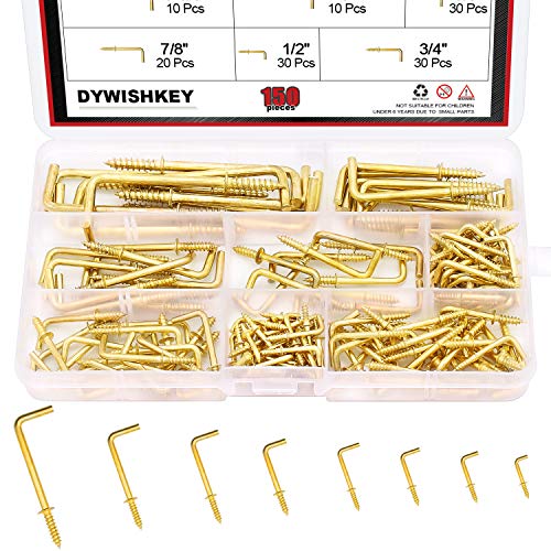 DYWISHKEY 150PCS 8 Sizes Brass Plated Metal Screw-in Square Bend Hooks Kit, Square