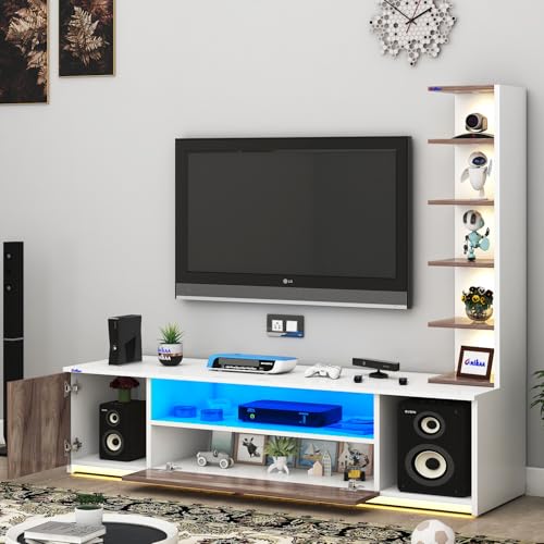 Image of Anikaa Engineered Wood Floor Standing Modern TV Unit with LED Light for Living Room | 2-Door & Open Box Cabinet with Side Shelf | Ideal for Up to 55 Inch | (White /Coachwood) DIY Installation