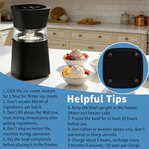 Image of Ice Cream Maker Machine with Pre-Freeze Bowl, Rechargeable Homemade Ice Cream Maker, 20 /30 Min Electric Small Ice Cream Machine for Gelato, Frozen Yogurt