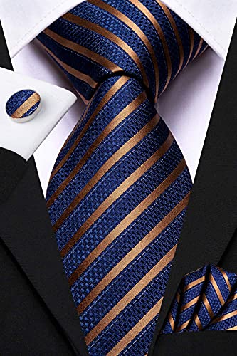 Image of Dubulle Mens Paisley Striped Tie Woven Necktie for Men and Handkerchief Cufflinks Set Wedding Formal Business