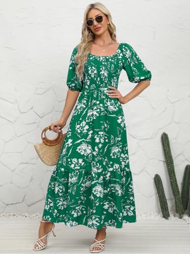 Image of Lyrur Summer Boho Smocked Maxi Dresses for Women Casual Puff Sleeve Square Neck A Line Tiered Ruffle Ankle Length Dress