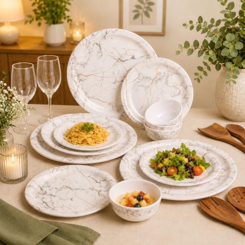 Image of MARKET 99 Heavy-Duty White Static Melamine Dinner Set 12 Pieces | Includes 4 Dinner Plates 4 Side Plates 4 Soup Bowls | Durable Food-Safe Tableware for Daily Use Family Dining & Kitchen Decor