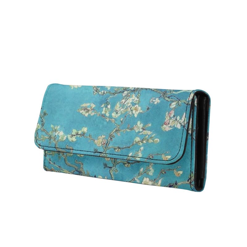 Almond Blossom Women's Vintage Leather Long Tri-fold Wallet, Flowers Leather Wallets Oil Painting Art Checkbook Wallet with ID Card Transparent Slot