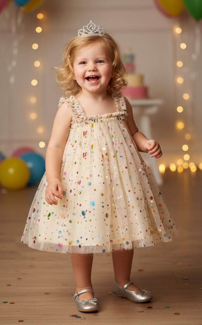 A.T.U.N. (ALL THINGS UBER NICE) Vestido de fiesta de seda de poliéster para niñas | Vestido suave y elegante con superposición de malla de tul | Elegante atuendo de cumpleaños y ocasiones especiales
