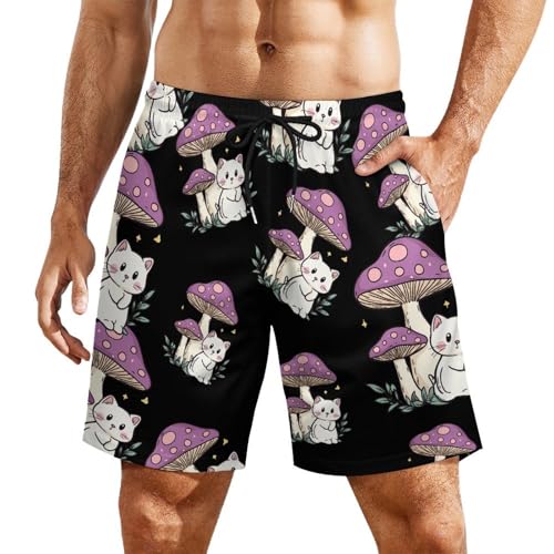 White Cat Mushrooms Beach Shorts for Men Swim Trunks Quick Dry Swim Shorts with Compression Liner Pocket - Main Image