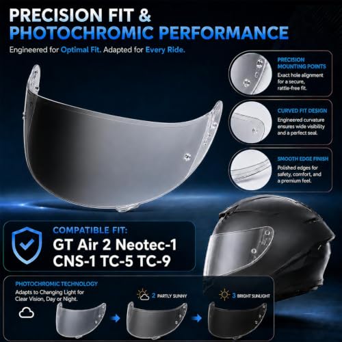 Image of PSLER Photochromic Helmet Visor for GT Air GT Air 2 Neotec-1 CNS-1 TC-5 | Impact-Resistant ,UV400 Protection, Motorcycle Tinted Face Shield Replacement for GT Air GT Air 2 Neotec-1 CNS-1 TC-5 TC-9