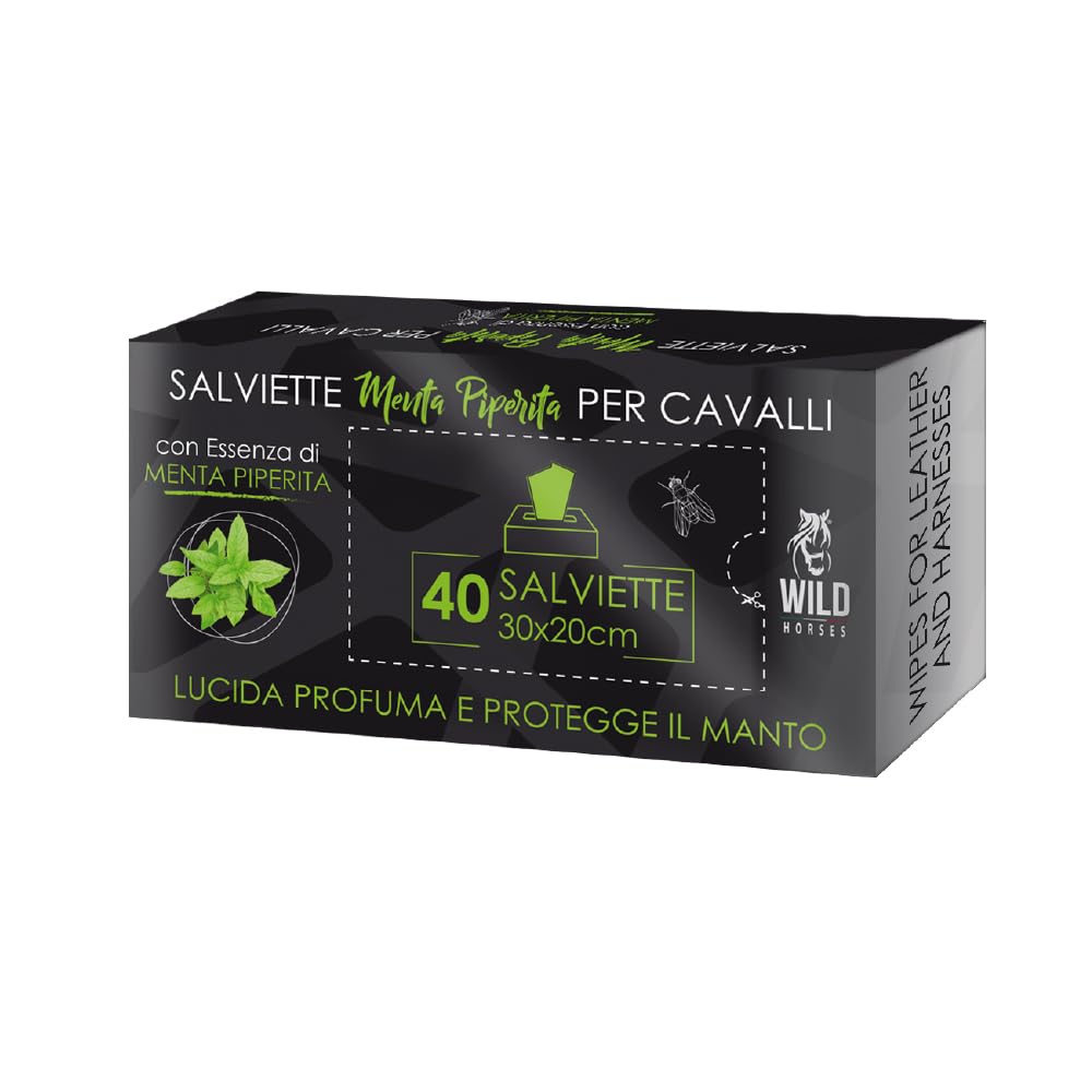 Wild Horses | Salviette Detergenti per Cavalli, Ideali per Lucidare, Profumare e Proteggere il Manto, Menta Piperita, 40 Pz, 30x20cm