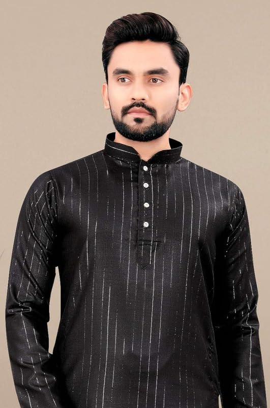 Image of FASHION GALLERY Men's Solid Pattern Polycotton Kurta with Long Sleeve Round Neck Knee Length and Pull On Closure Type|Men Kurta Pajama Set