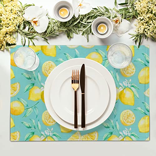 Yello Lemon Fruit Placemats Set Of 4, Blue Floor Washable Dining Mat, Rectangle Linen 12 X 18In Non Slip Place Mat For Kitchen Dining Party Decoration #TOP1
