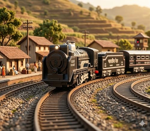 Image of VU Toys Small Rail Gadi Train Set for Kids (3+ Years) | Rechargeable Engine with Coal & Passenger Coach | Water Smoke, Hindi Music, Lights & Sound | C-Type Charging | 10 Round Tracks (Black)