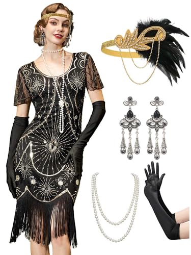 YESSA Flapper Dresses 1920s Dresses for Women,Great Gatsby Dresses for Women Roaring 20s Costumes With 20s Accessories for Harlem Nights,Black Gold,Large