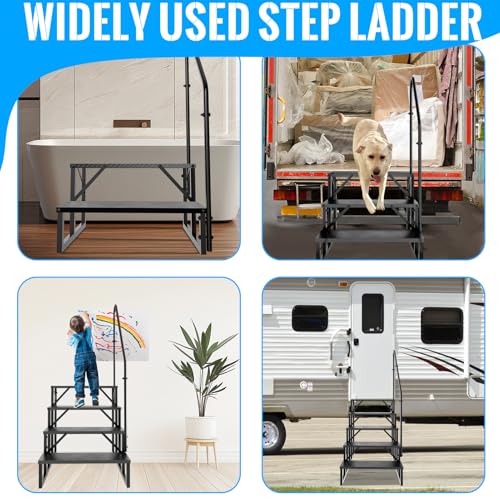 Image of 2 Step RV Stairs with Handrail, 660LBS Heavy Duty Anti-Slip Metal RV Steps, Detachable Outdoor Stairs for 5th Wheel /Hot Tub /Mobile Home /Pool
