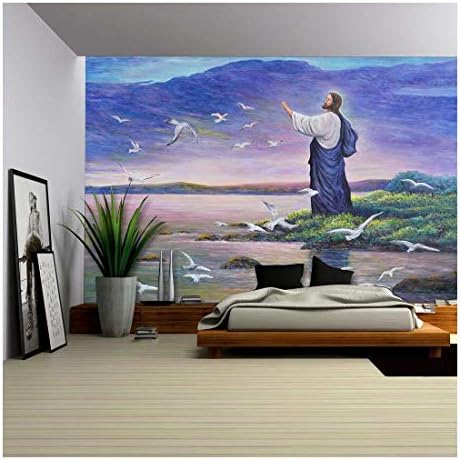 wall26 - Image of Jesus Feeding The Birds at The Seaside, Original Oil Painting on Canvas - Removable Wall Mural | Self-Adhesive Large Wallpaper - 66x96 inches