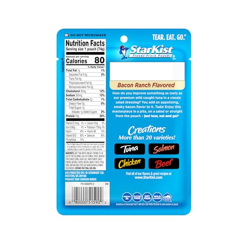 Image of StarKist Tuna Creations Bacon Ranch, 2.6oz Pouch, 24-Pack | 14g Protein Per Serving, Wild Caught, Shelf Stable Seafood, Gluten Free, Soy Free, No Draining, Ready to Eat for Salads