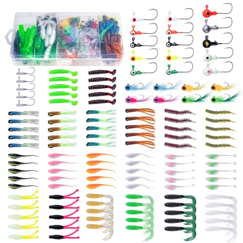 Goture 128Pcs Fishing Crappie Lures Jig Heads Kit, Pre-Rigged Tubes, Soft Plastic Fishing Lure for Crappie, Panfish, Shad Baits, Freshwater, Saltwater