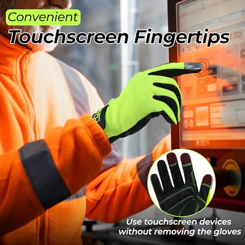 Image of HANDLANDY Mens Hi-vis Reflective Safety Work Gloves Touch screen, Synthetic Leather Padded Utility Gloves (Hi-vis Yellow, Large (Pack of 1))