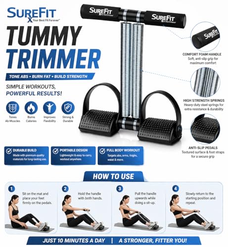 Image of SUREFIT Double Spring Tummy Trimmer with Resistance Tube - Heavy Duty Full Body Workout Abdominal Exerciser-Standard Size (Black)
