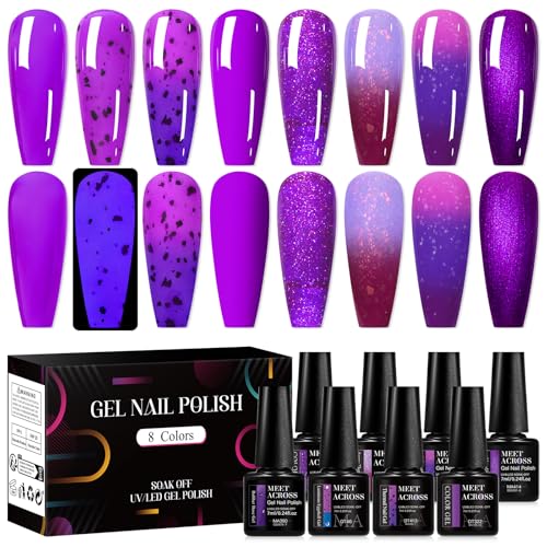 MEET ACROSS Gel Nail Polish Set, 8 Colors, UV/LED Soak Off (Purple-2, 8pcs)