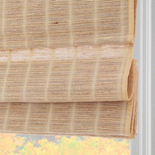 Cordless Bamboo Roman Shades for Windows with Borders, Natural Woven Wood Shades with 6 Inches High Valance, Custom Light Filtering Room Darkening Window Blinds for Doors, Windows, Natural Color