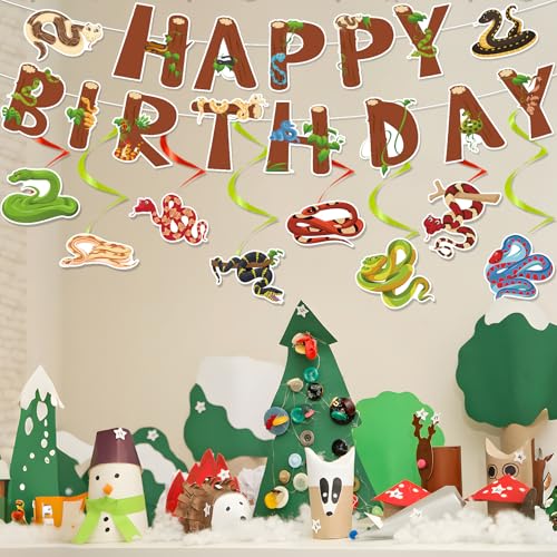 Image of Snake Birthday Party Decorations - 8PCS Snake Reptile Bday Banners with Hanging Swirls Decorations Jungle Wild Safari Animals Decor Supplies