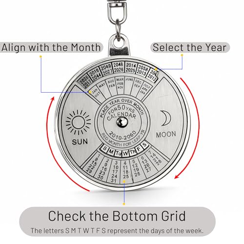 Image of Storite 50 Years Calendar Key Chain || Rotating Perpetual Calendar Key Ring ll Metal Keychain || Keychain For Bike Car Bag Silver