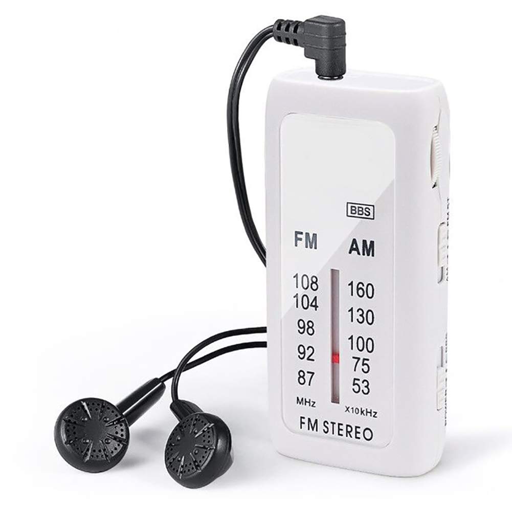 C- Mini Radio Radio portátil de Bolsillo FM/Am con Auriculares, Radio Transistor estéreo Personal con Bajos mejorados, operado por baterías AAA para Caminar, Trotar y Acampar,Blanco