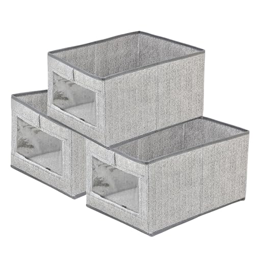 Image of Fabric Collapsible Storage Bins, Set of 3 Organizer Bin with Visible Window, Shelf Basket Closet Clothes Organizer Storage Containers for Organizing Shelves, Wardrobe, Office, Clothing (3pc-Gray)