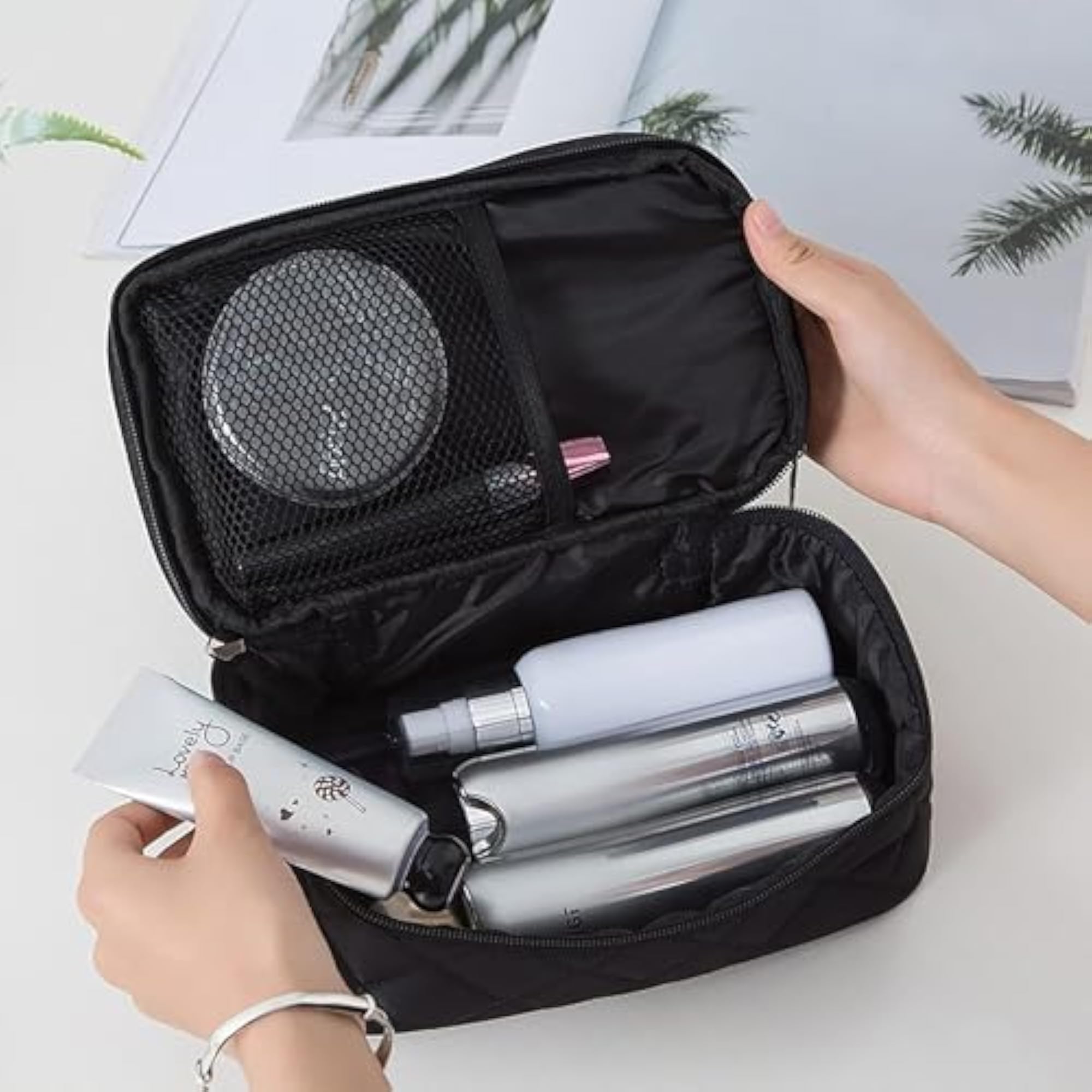 Makeup Organizer Travel Bag with Handle, Double Zip