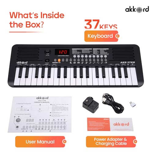 Image of Akkord 37 Keys Music Keyboard - Black Edition | MIDI USB-C, Touch Response, 200 Rhythms, Tones & 40 Demos, LED Display, Portable Beginner Piano Compatible with GarageBand.