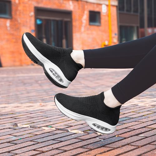 Image of DOUSSPRT Womens Walking Shoes Sock Casual Ladies Fashion Sneakers Comfortable Slip On Air Cushion Platform Black 7.5, Black /White