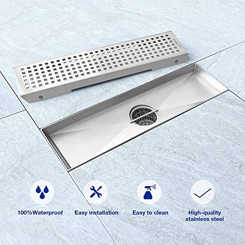Linear Shower Drain 12", 304 Stainless Steel Floor Drain with Grid Drain Cover & Hair Strainer, Rectangular Shower Drain w/CUPC Certified, Brushed - Image 5