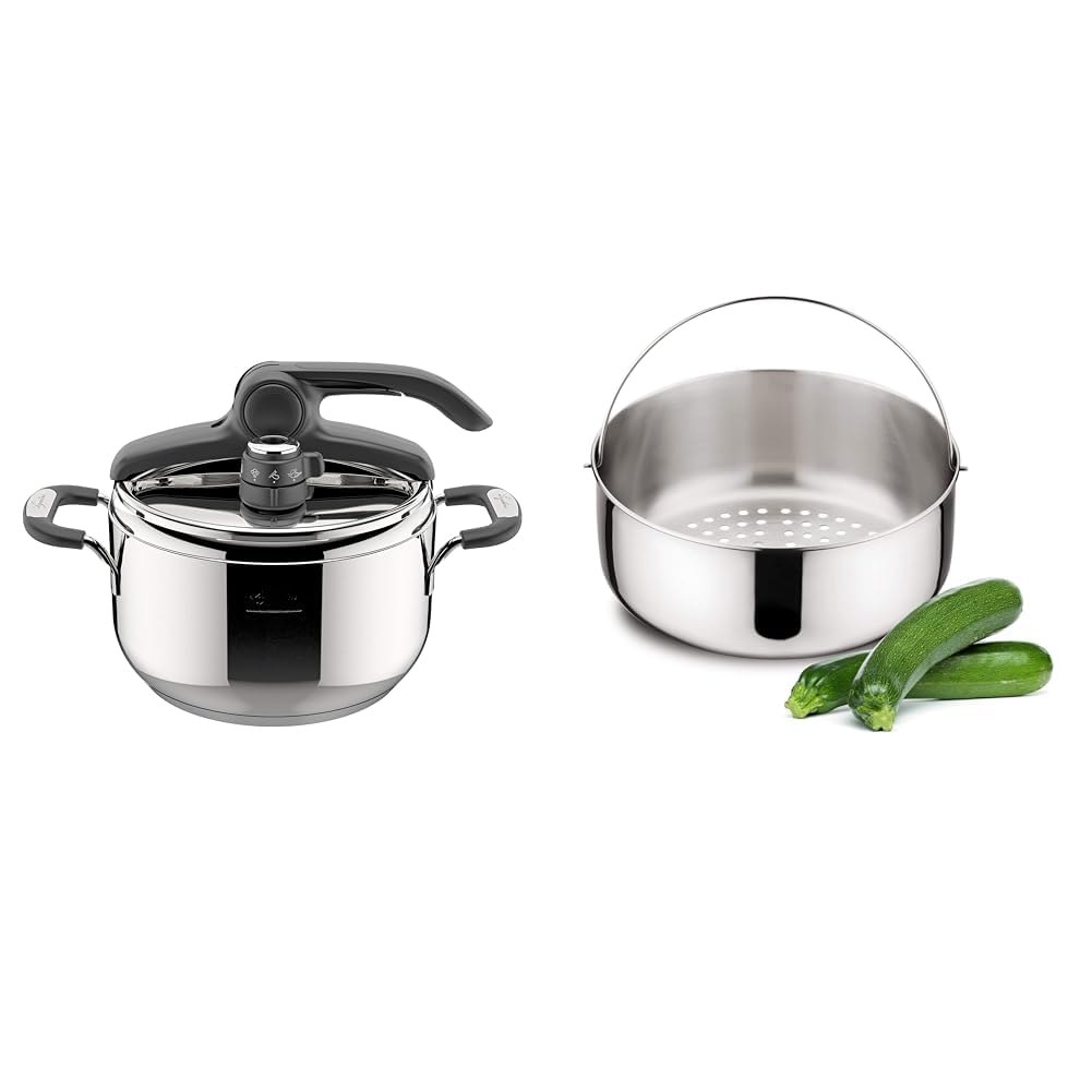 Lagostina Briosa LagoeasyUp Pentola a Pressione in Acciaio Inox 18/10 con Apertura Facile & Cestello Cuocivapore, Accessorio Per Pentola A Pressione, Capacità 5/7 Litri, ‎Argento, ‎18.5 x 18.5 x 8 cm