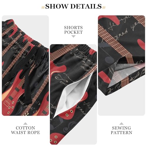 Pigsaly Pajama Shorts Vintage Red Electric Guitar Men's Pajama Bottoms Music Notes Rock Sleep Pajama Drawstring Shorts L4