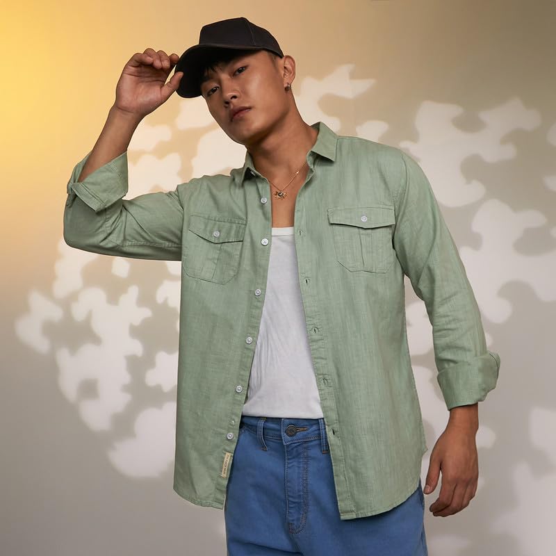 Image of CAHOOT Men's Solid Utility Shirt | Casual Wear | Spread Collar | Long Sleeve | Button Closure | Shirt Crafted with Comfort Fit for Everyday Wear