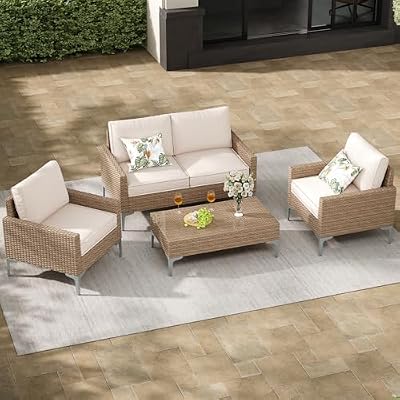Jing's Villa 4-Piece Outdoor Sectional Sofa Set, All-Weather Wicker Patio Furniture with L/R armrest & Tempered Glass Table, Comfortable Garden Conversation Set for Backyard, Poolside, Deck,Beige