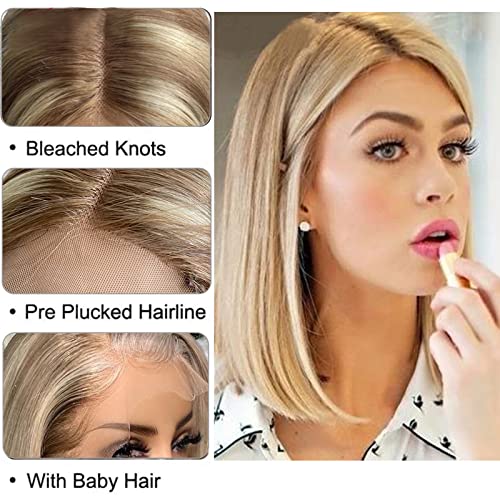 Blonde Brown Bob Wig Human Hair Lace Front T Part Bob Wigs Natural Hairline Pre Plucked Lace Closure Wigs Brown Blonde Highlights Wig 150% Density Real Human Hair Wigs For White Women 12 In #8/18/60 #TOP1