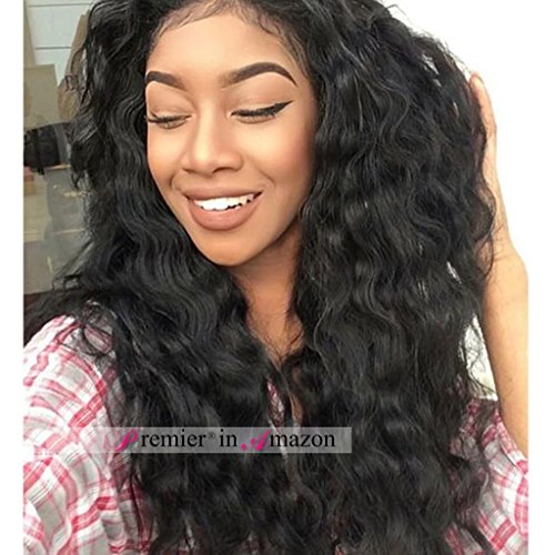 Premier Loose Curly Lace Front Wigs Brazilian Remy Human Hair Natural Wave Wigs For Black Woman With Baby Hair 14 Inches Natural Color 130% Density