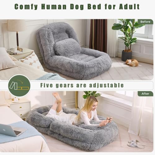 3-in-1 Upholstered Human Dog Bed for Adults & Pets, 5-Position Foldable Lounger Lazy Sofa Bed w/2 Soft Pillows, Comfy Plush Convertible Floor Sleeper Chair Bed Bean Bag for Bedroom Living Room (Gray)