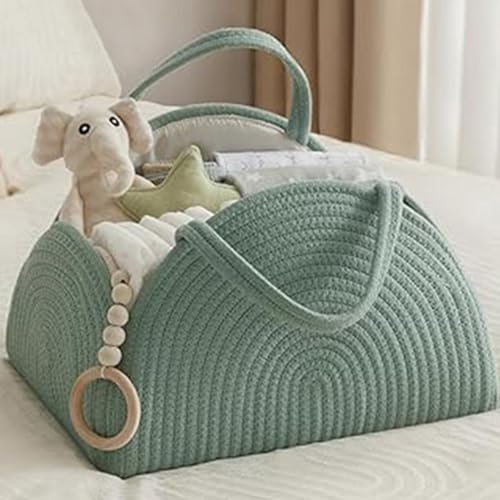 YUEMING Organizador de Pañales para Bebé, Cesta Bebe Grande de Cuerda para Pañales y Cosas de Bebe, cesta cambiador bebe con Compartimentos, Organizador de Carrito de Pañales para Bebés (Verde)