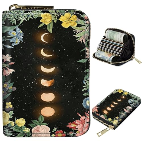 Image of Cute Credit Card Holder with Zipper, Moon Flower RFID-Blocking Card Case Small Wallet for Women Men, Multi-slot Card Organizer Case Travel Accordion Wallet