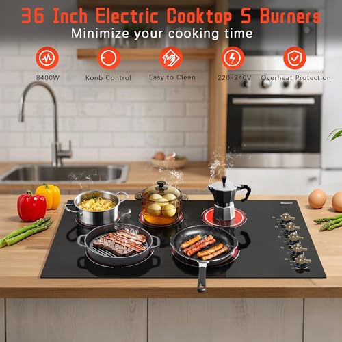 Image of Electric Cooktop 34.25 Inch(Cut-out Size: 34.25 inchx19.3 inch) - 5 Burner Electric Stove Top with 8400W, 36 Inches Built-in Ceramic Stove, Overheat Indicator, Knob Control, 220V - 240V Hard Wired