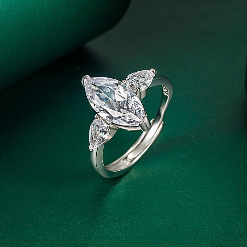 FLYYQMIAO Fashion Marquise Cut Cubic Zirconia Simulated Diamond Moissanite 3 Stone Engagement Rings for Women Round Cut 925 Sterling Silver Anniversary Wedding Promise Open Adjustable Ring(White) - Image 2